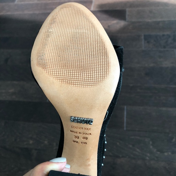 Schutz - Beaded & Studded Block Heel Sandals – Black Suede Open Toe - Size 8 - Picture 4 of 6